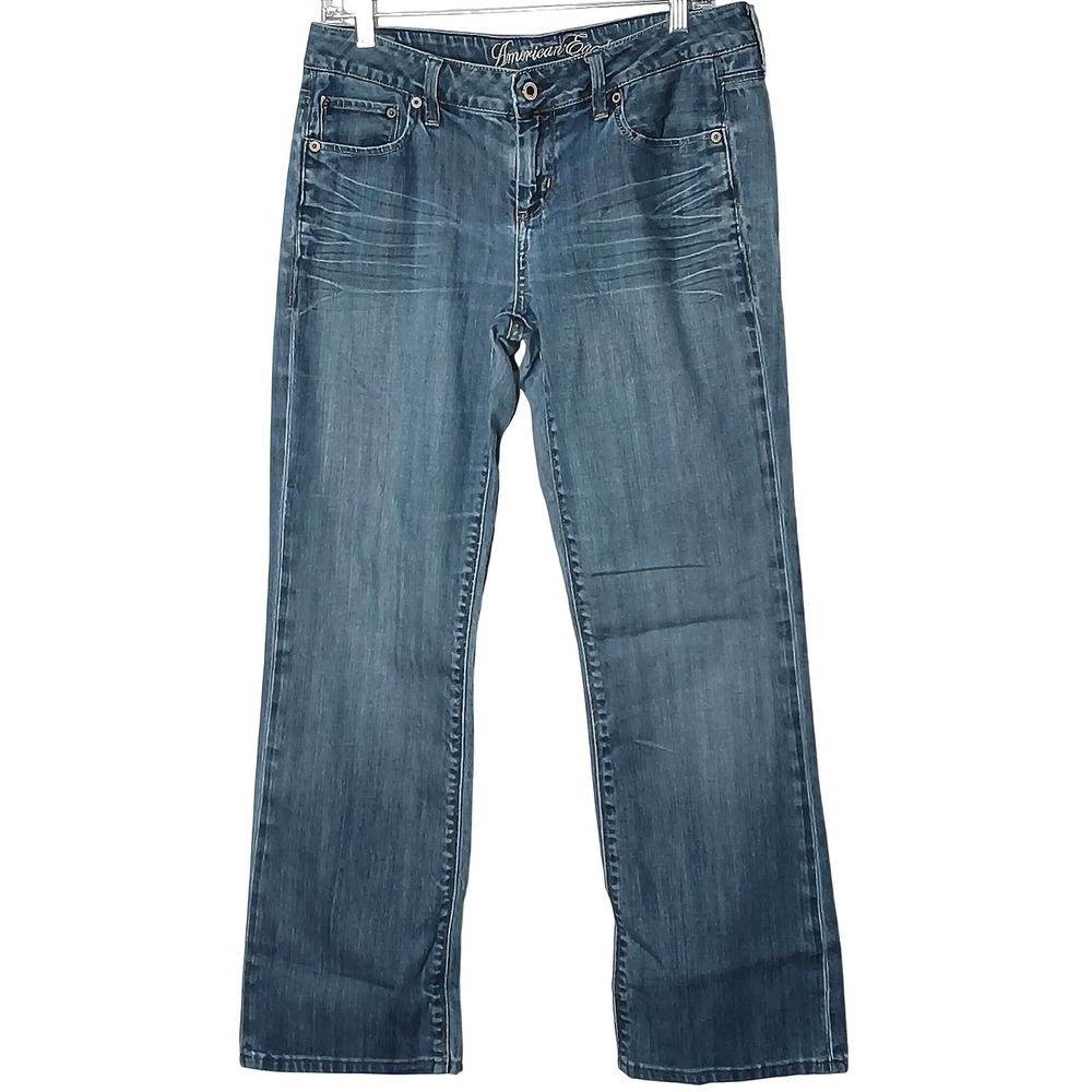 Y2K American Eagle True Boot Jeans Womens 10‎ Regular Blue Whiskered Mid Rise
